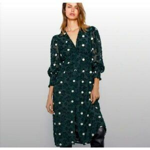 Zara Emerald Green Sheer Textured Polka Dot Dress Medium Limited Edition